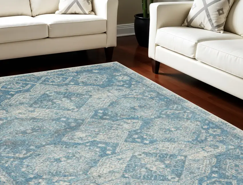 Ivory and Light Blue Medallion Distressed Area Rug Photo 1