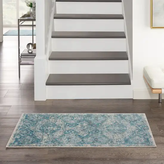 Ivory and Light Blue Oriental Distressed Area Rug Photo 8