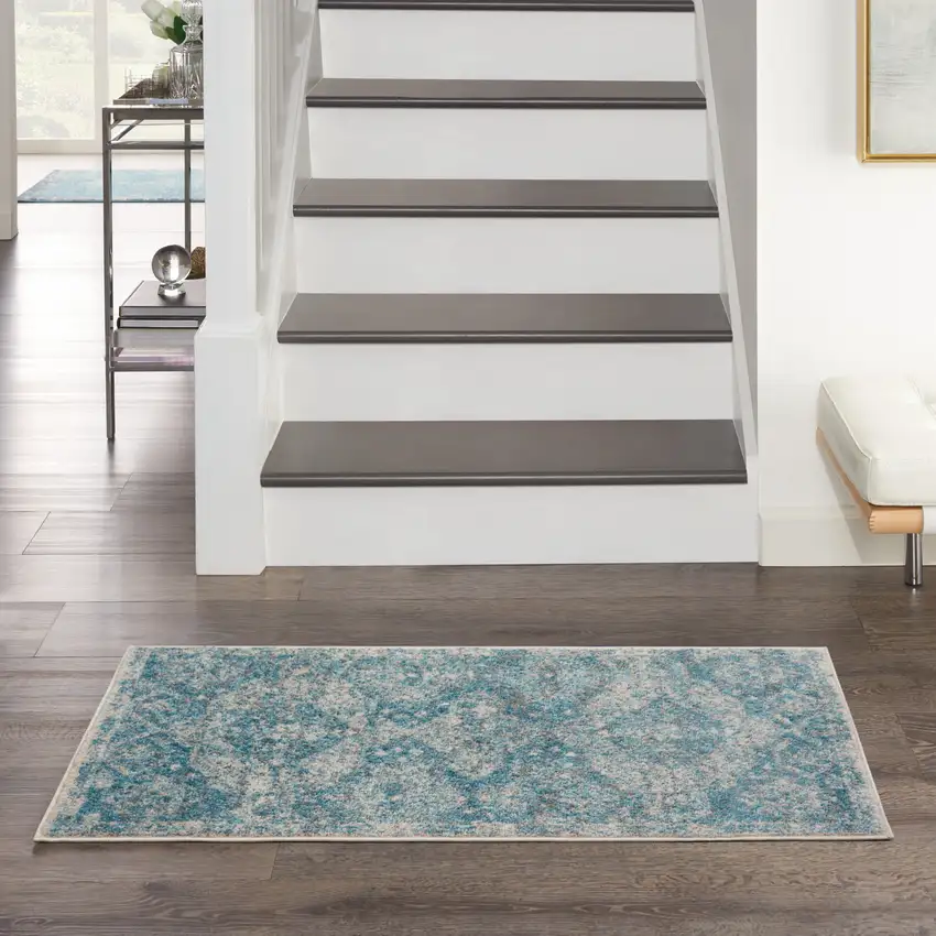 Ivory and Light Blue Oriental Distressed Area Rug Photo 8