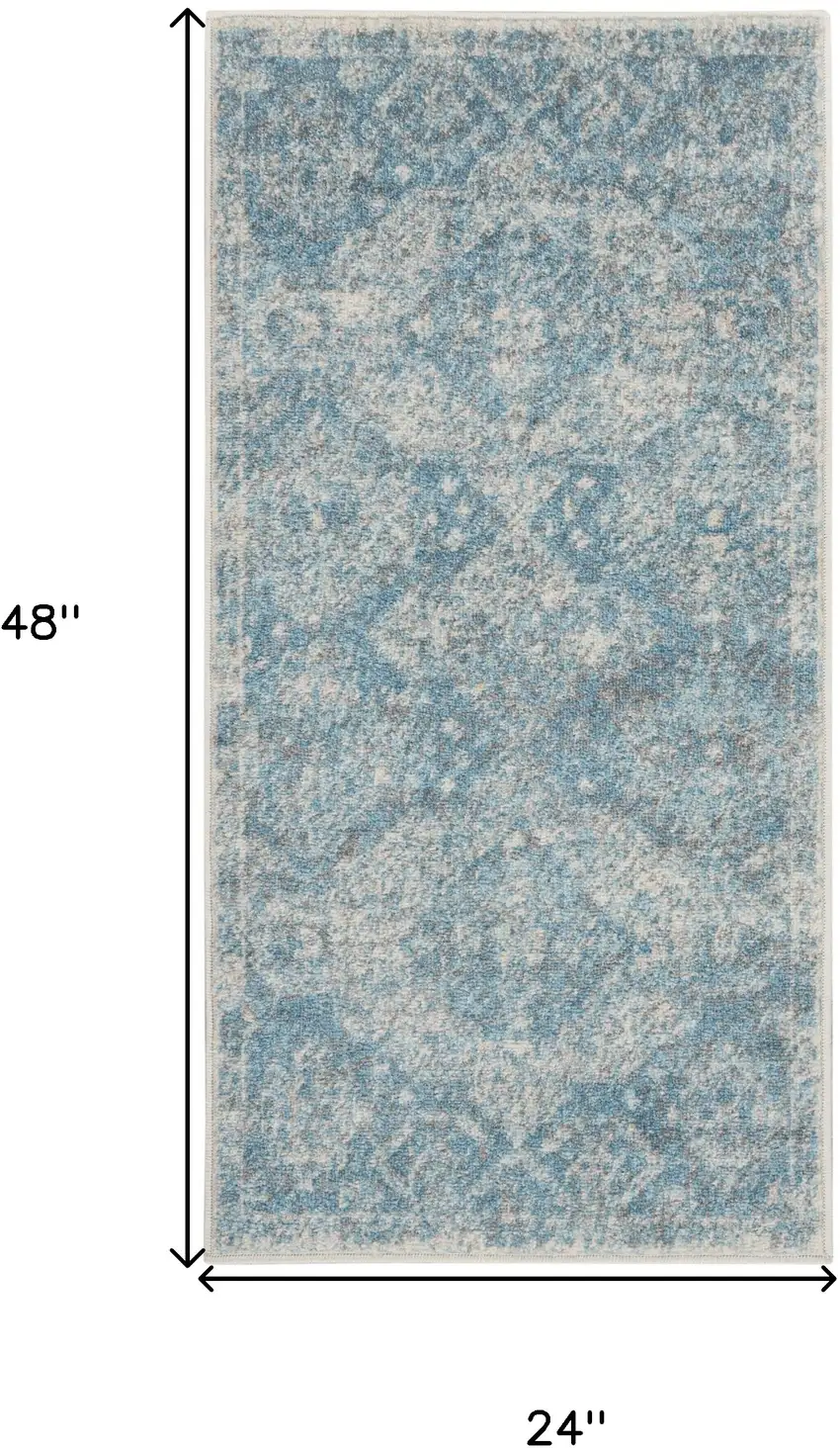 Ivory and Light Blue Oriental Distressed Area Rug Photo 3