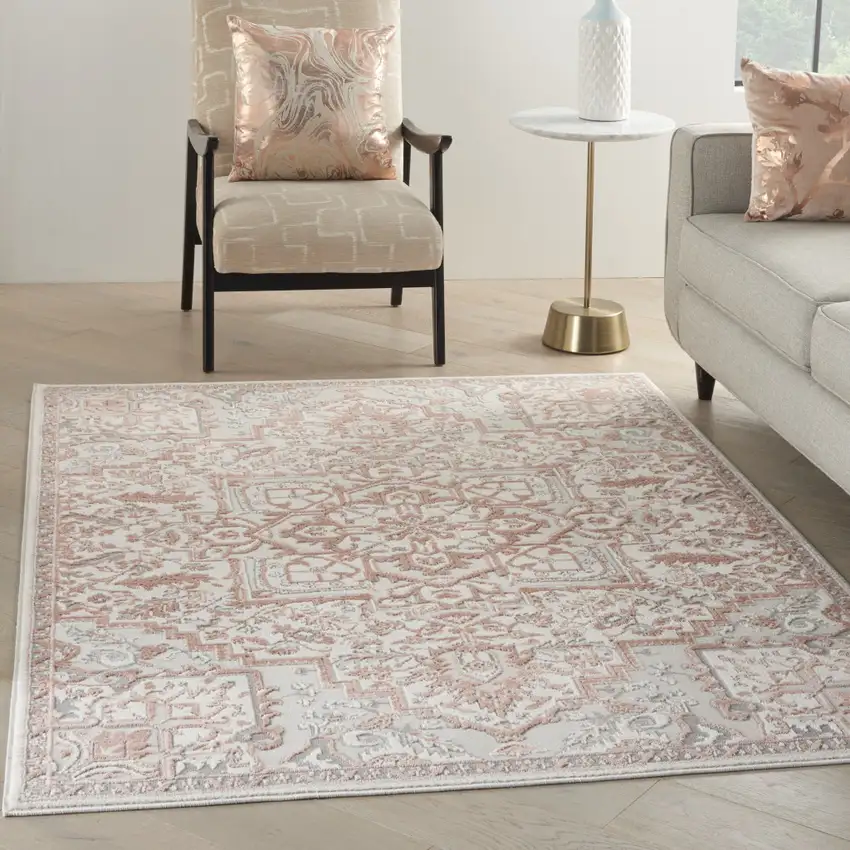 Ivory and Light Taupe Floral Non Skid Area Rug Photo 4