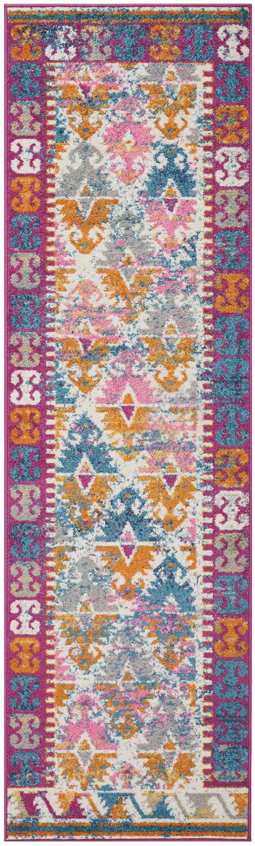 8' Ivory And Magenta Geometric Runner Rug Photo 3