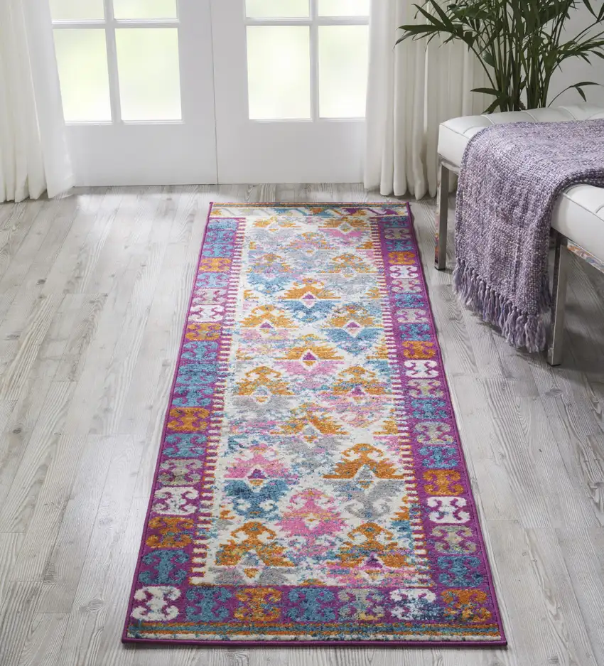 8' Ivory And Magenta Geometric Runner Rug Photo 7