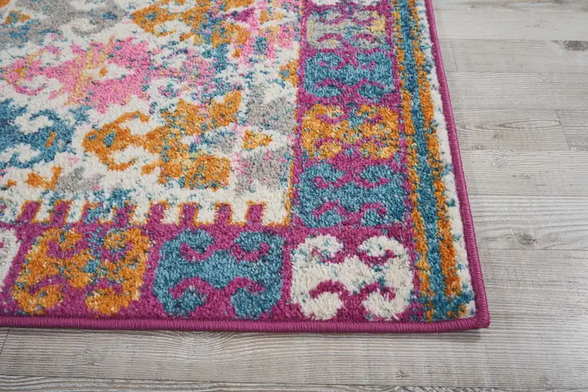 Ivory and Magenta Tribal Pattern Runner Rug Photo 6