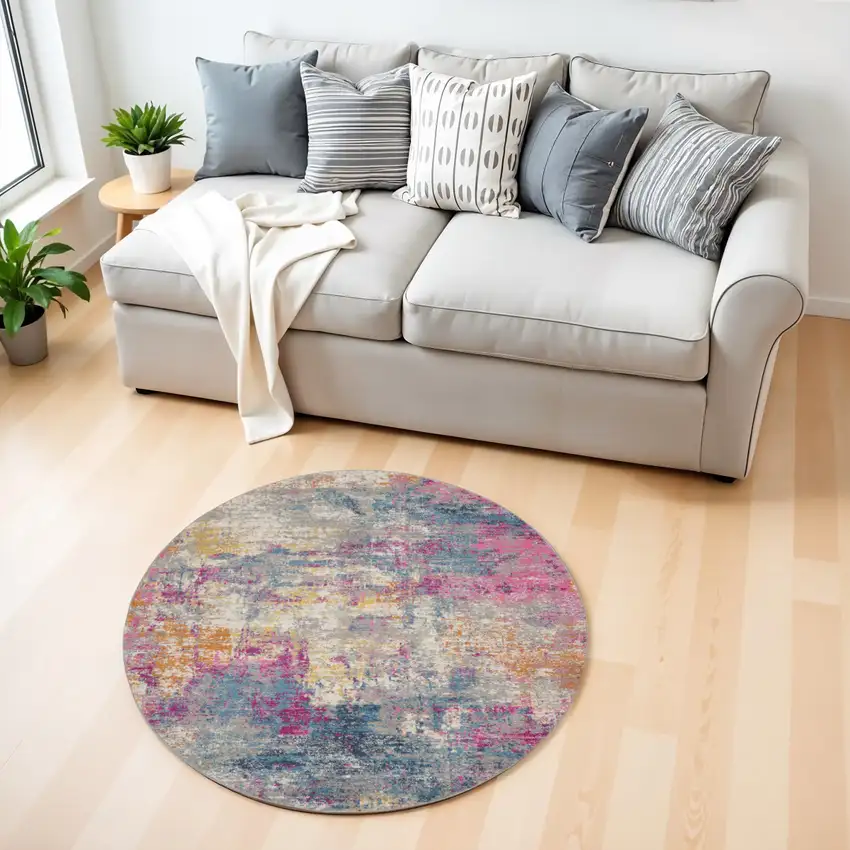 4' Ivory And Blue Abstract Round Rug Photo 2
