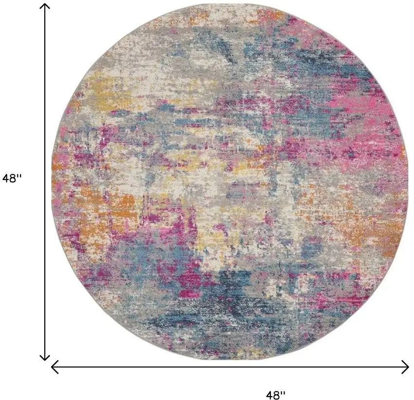 4' Ivory And Blue Abstract Round Rug Photo 5