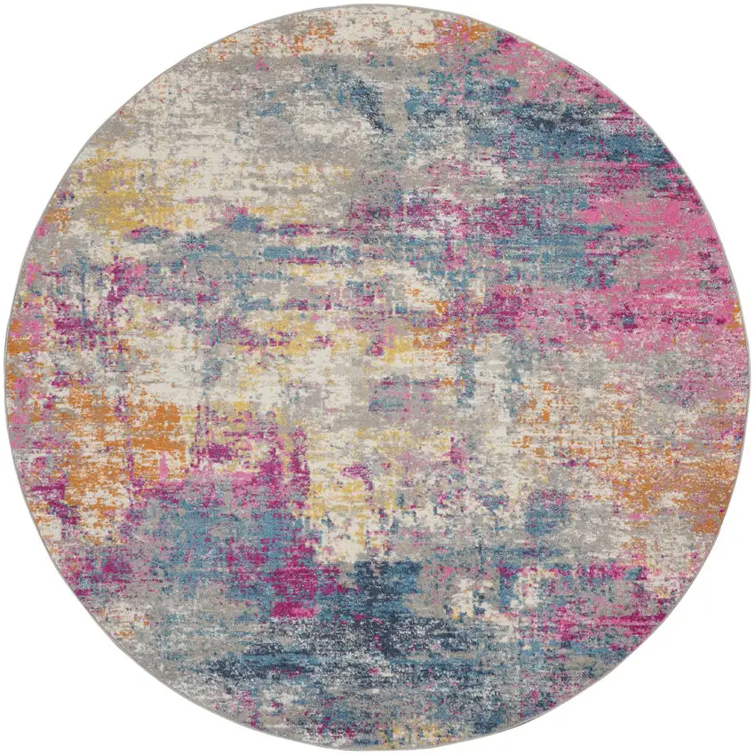 4' Ivory And Blue Abstract Round Rug Photo 3