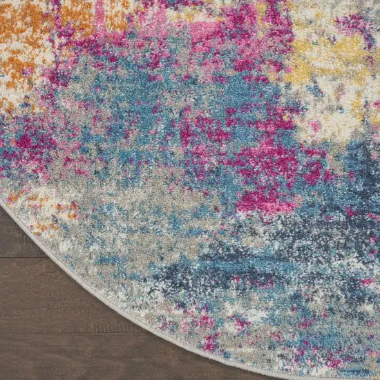 5' Ivory And Blue Abstract Round Rug Photo 9