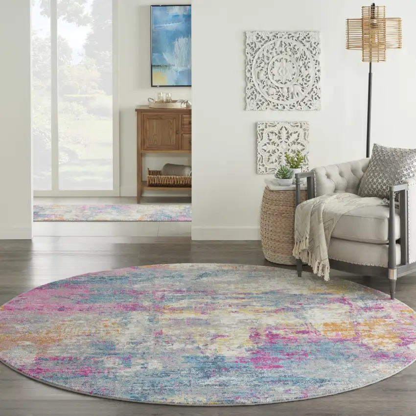 8' Ivory And Blue Abstract Round Rug Photo 9