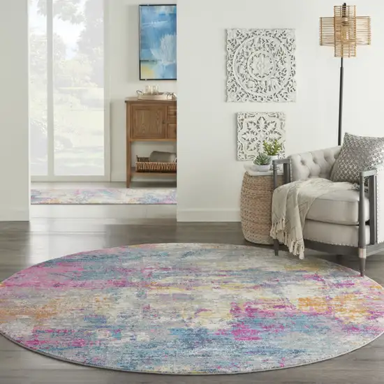 8' Ivory And Blue Abstract Round Rug Photo 5