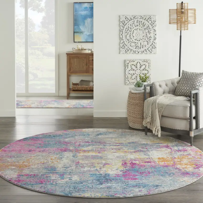 8' Ivory And Blue Abstract Round Rug Photo 5