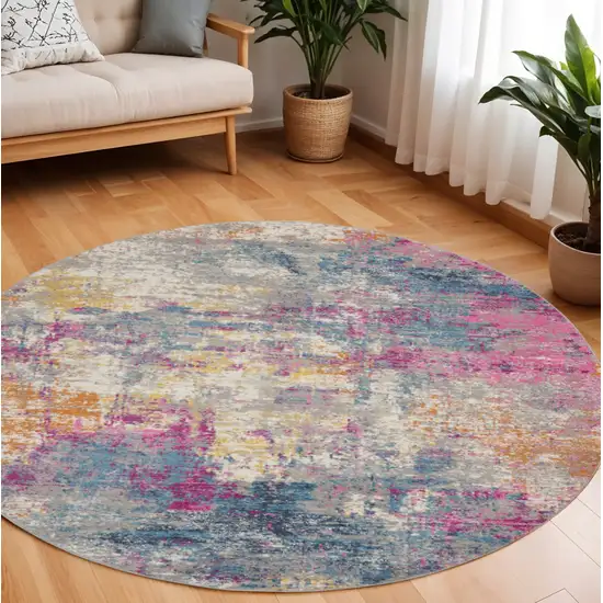 8' Ivory And Blue Abstract Round Rug Photo 2