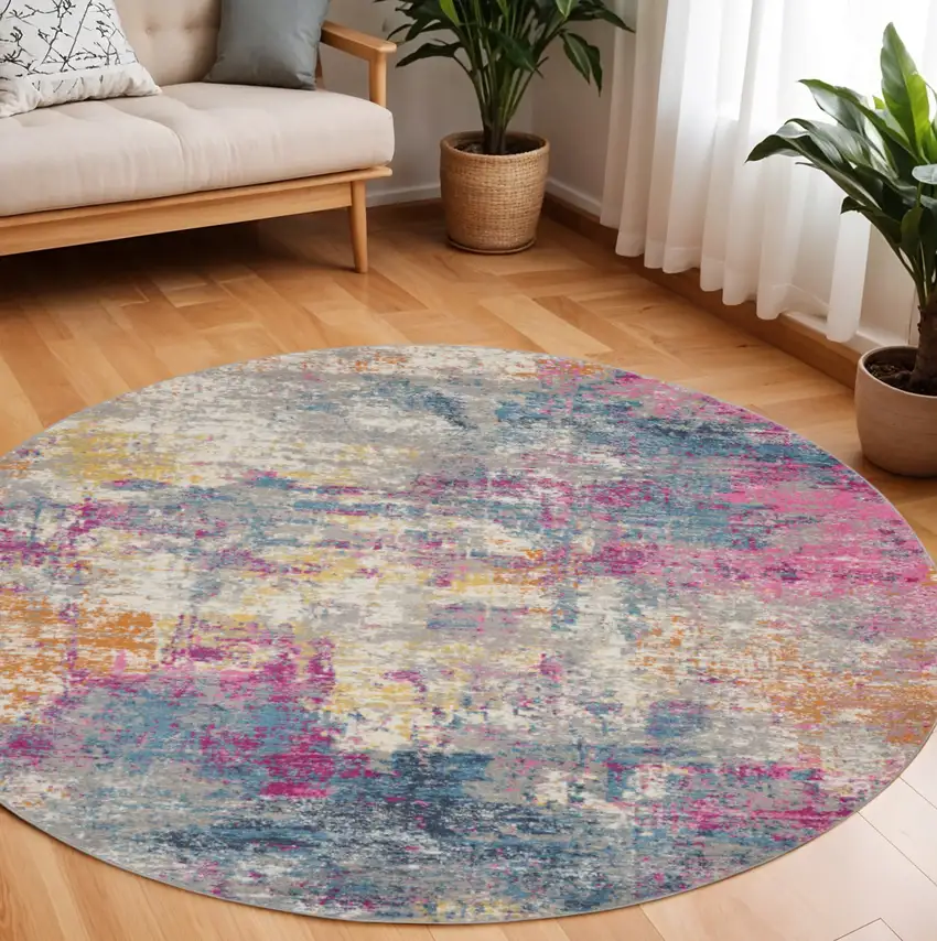 8' Ivory And Blue Abstract Round Rug Photo 2