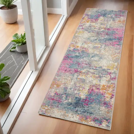 6' Ivory And Blue Abstract Runner Rug Photo 2