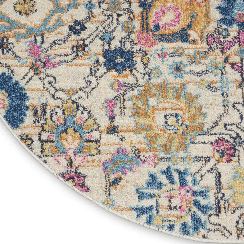 4' Ivory And Blue Floral Round Rug Photo 9
