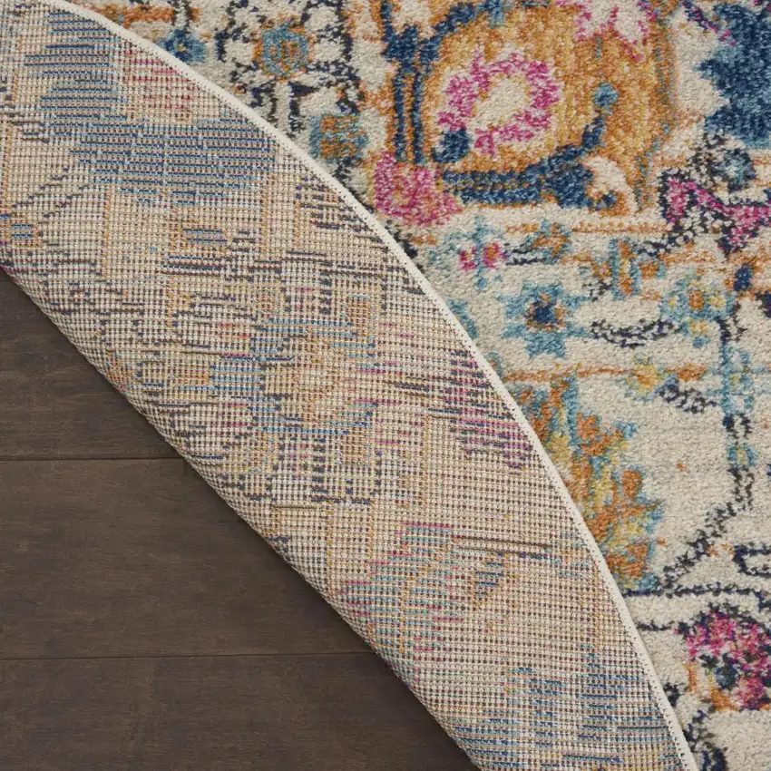 4' Ivory And Blue Floral Round Rug Photo 9
