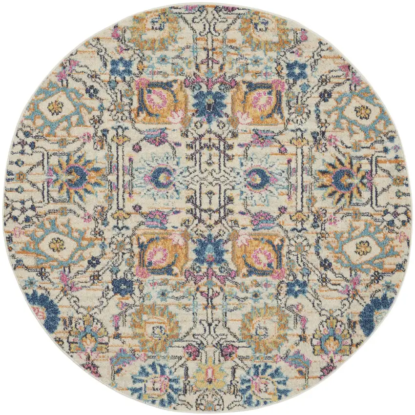 4' Ivory And Blue Floral Round Rug Photo 4