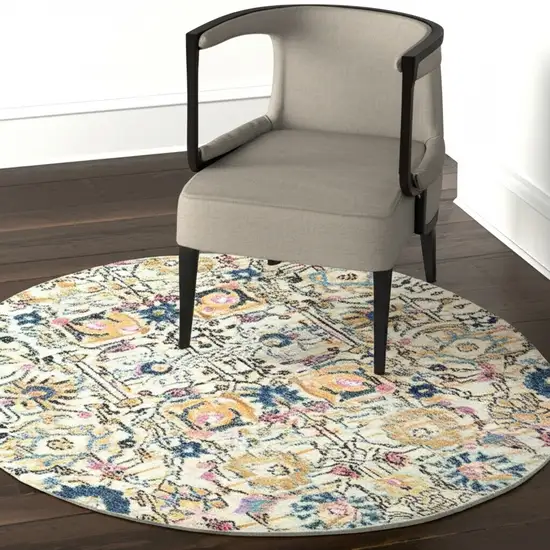 4' Ivory And Blue Floral Round Rug Photo 2