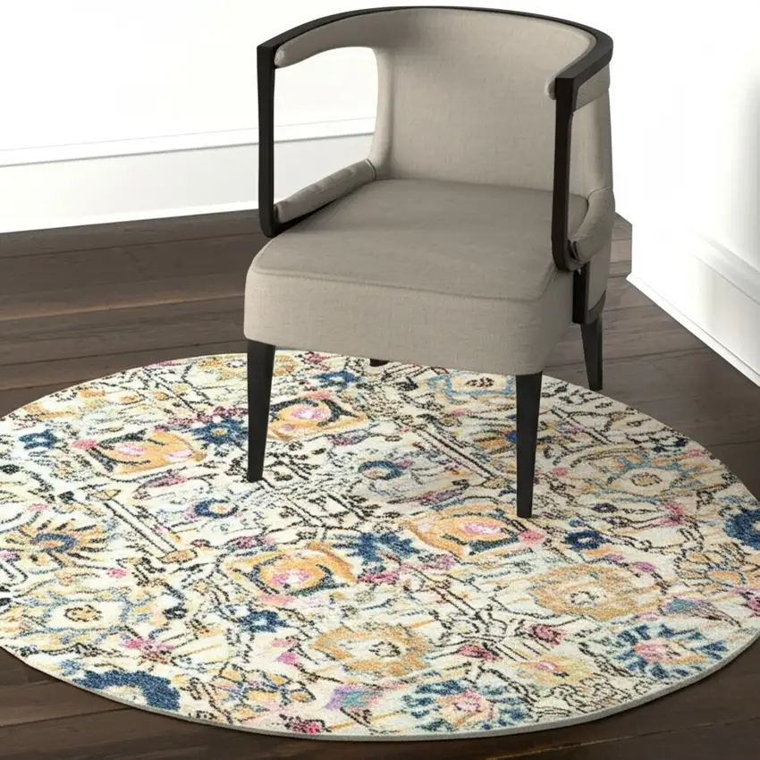 4' Ivory And Blue Floral Round Rug Photo 2