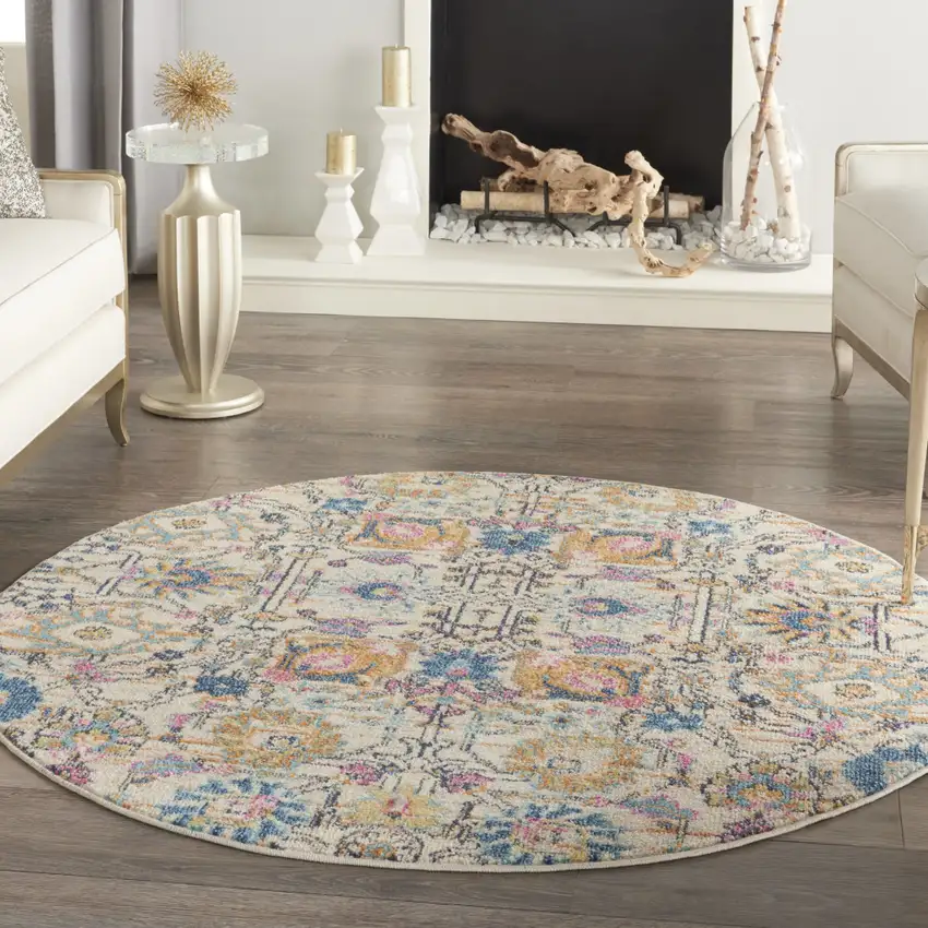 4' Ivory And Blue Floral Round Rug Photo 5