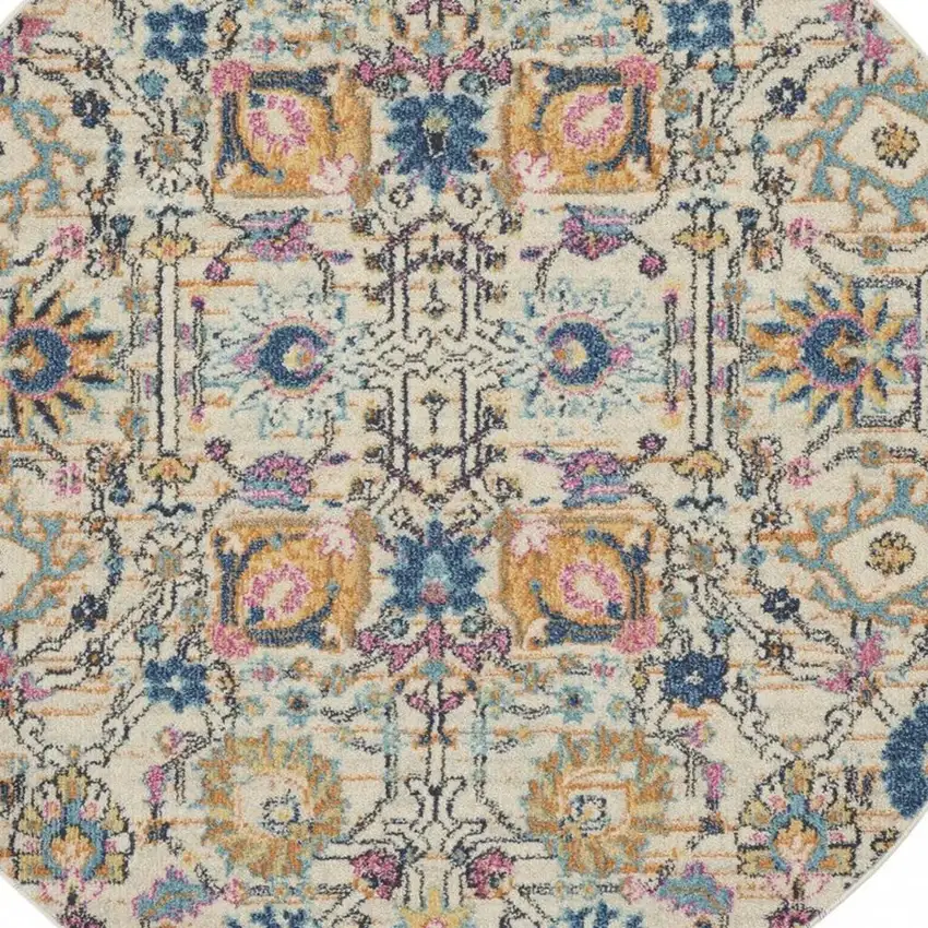 4' Ivory And Blue Floral Round Rug Photo 3