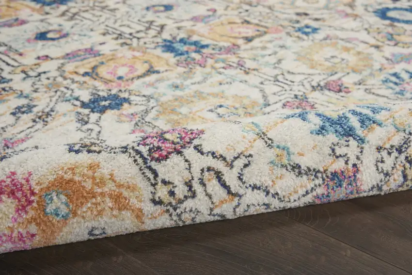 4' Ivory And Blue Floral Round Rug Photo 4