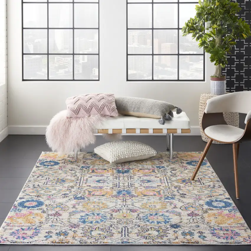 Ivory And Blue Floral Area Rug Photo 5