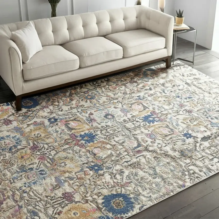 Ivory And Blue Floral Area Rug Photo 2