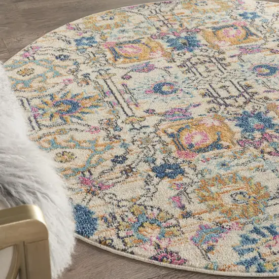5' Ivory And Blue Floral Round Rug Photo 9