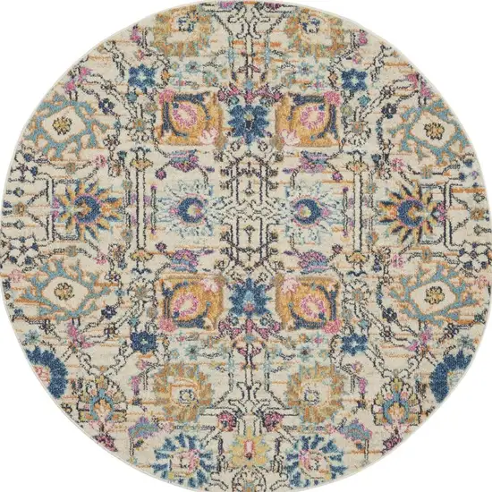 5' Ivory And Blue Floral Round Rug Photo 3