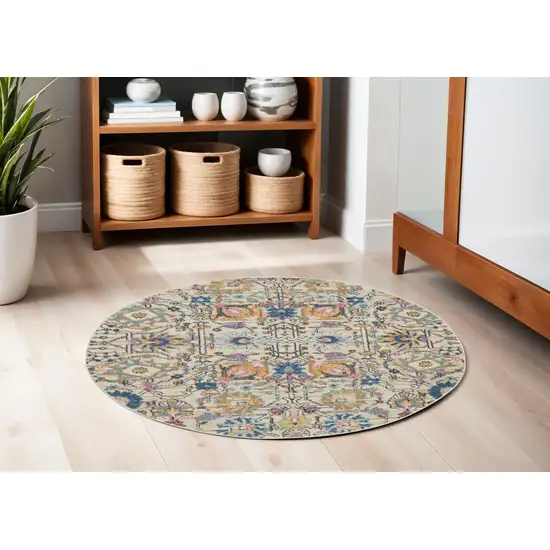 5' Ivory And Blue Floral Round Rug Photo 2