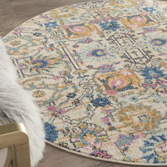 5' Orange And Ivory Round Floral Power Loom Area Rug Photo 7