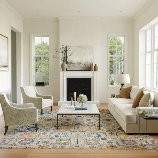 Ivory And Blue Floral Area Rug Photo 5