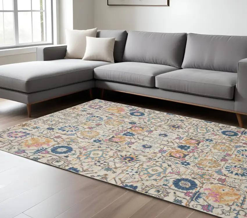 Ivory And Blue Floral Area Rug Photo 2