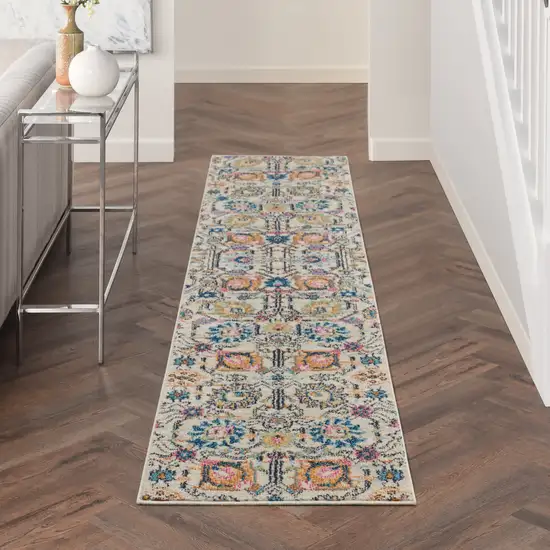 10' Ivory And Blue Floral Runner Rug Photo 4
