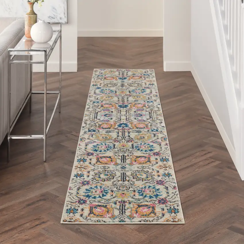 10' Ivory And Blue Floral Runner Rug Photo 4
