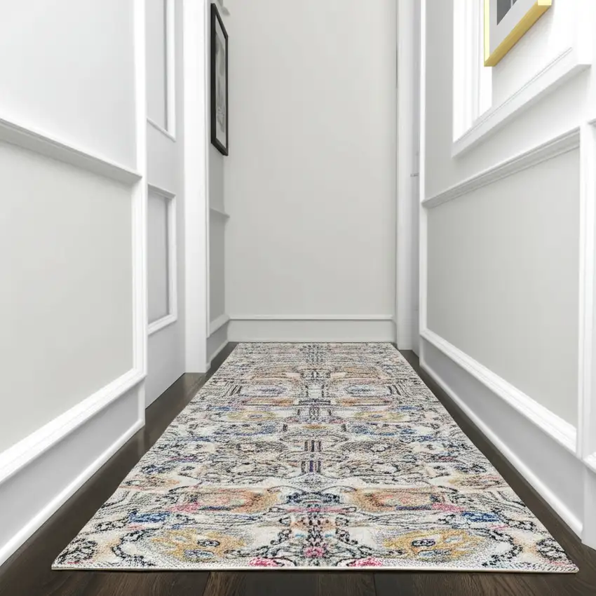 10' Ivory And Blue Floral Runner Rug Photo 2