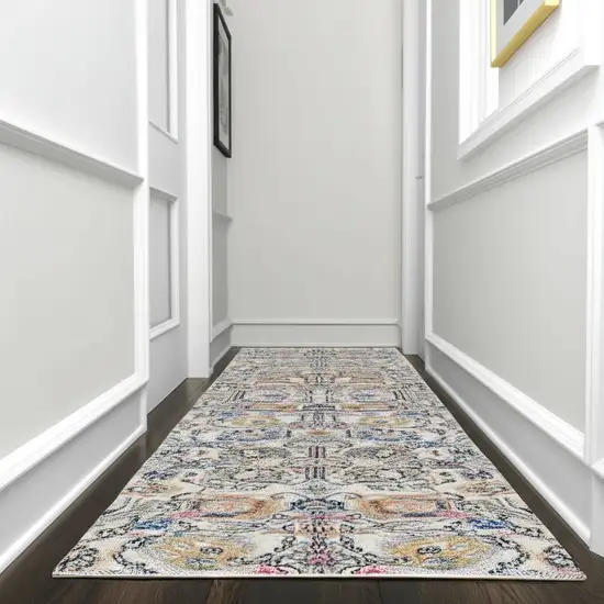 10' Ivory And Blue Floral Runner Rug Photo 2
