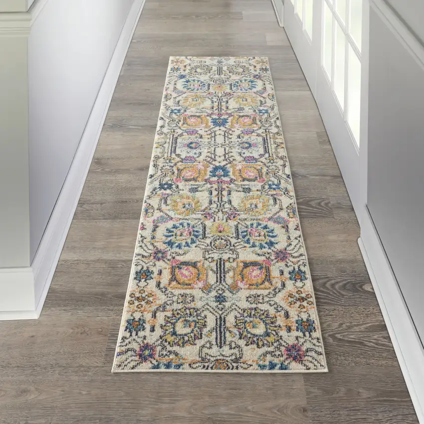 8' Ivory And Blue Floral Runner Rug Photo 3