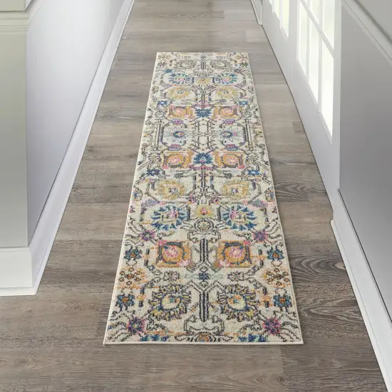 8' Orange And Ivory Floral Power Loom Runner Rug Photo 5