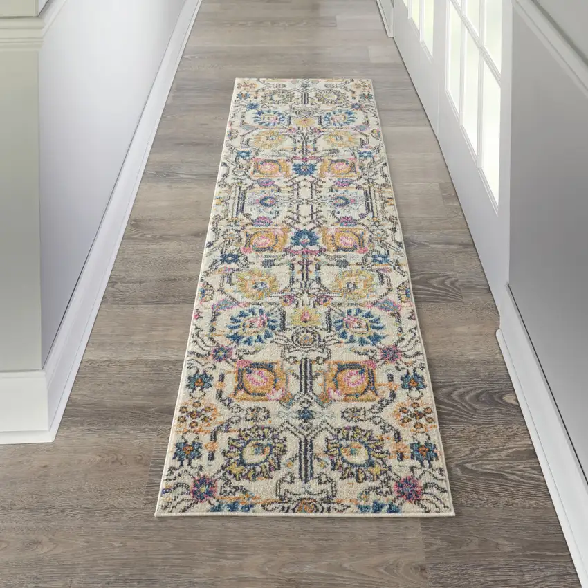 8' Orange And Ivory Floral Power Loom Runner Rug Photo 5