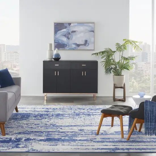 Ivory and Navy Blue Abstract Distressed Non Skid Area Rug Photo 5