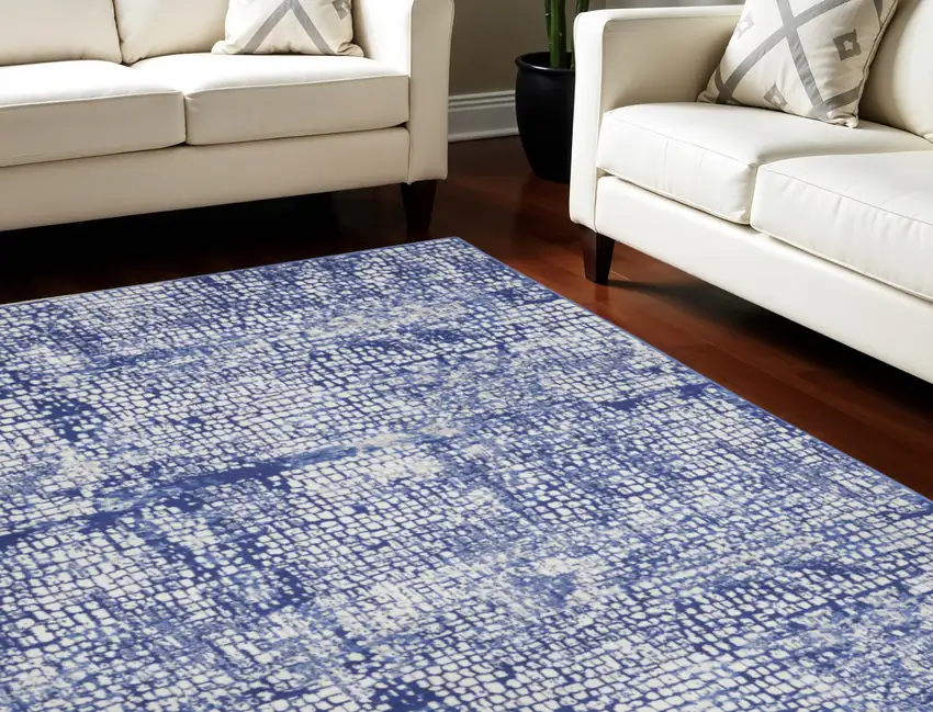 Ivory and Navy Blue Abstract Distressed Non Skid Area Rug Photo 1