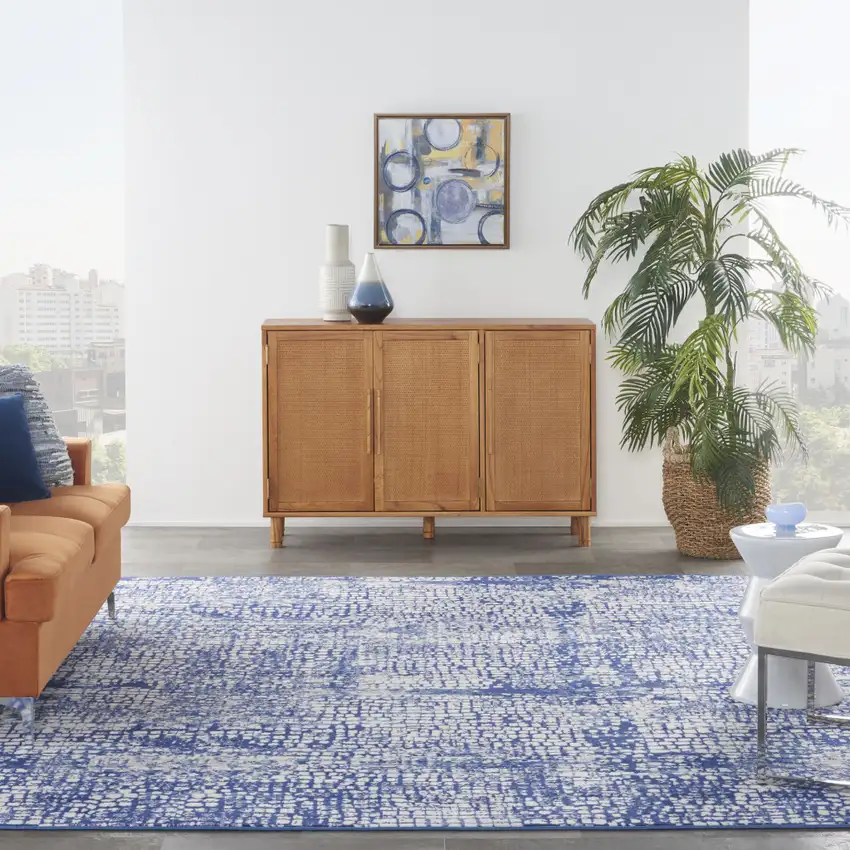 Ivory and Navy Blue Abstract Distressed Non Skid Area Rug Photo 5