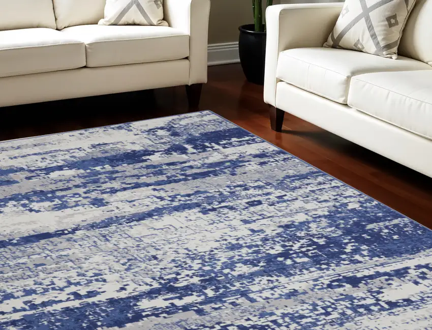 Ivory and Navy Blue Abstract Distressed Non Skid Area Rug Photo 1