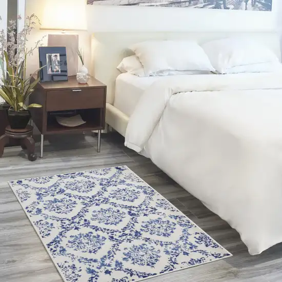 Ivory and Navy Blue Damask Distressed Area Rug Photo 6