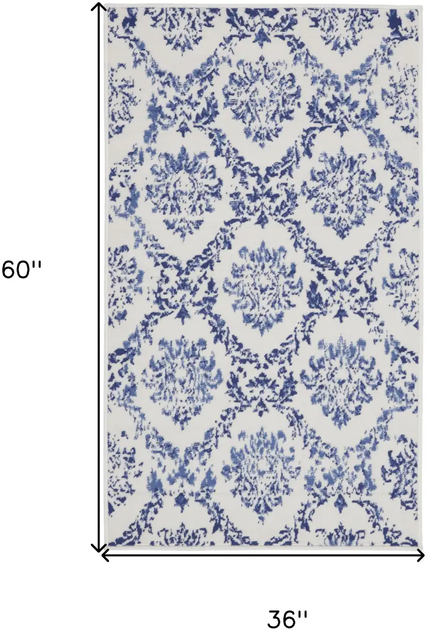 Ivory and Navy Blue Damask Distressed Area Rug Photo 3