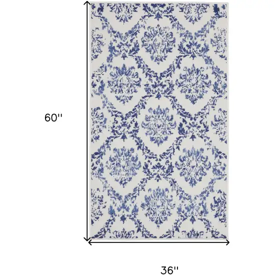 Ivory and Navy Blue Damask Distressed Area Rug Photo 3