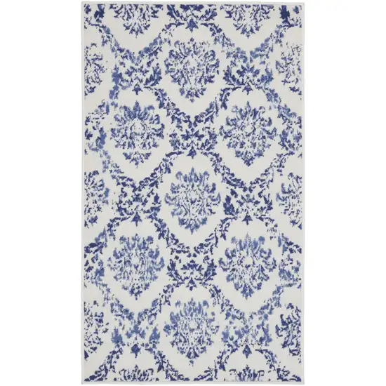 Ivory and Navy Blue Damask Distressed Area Rug Photo 2
