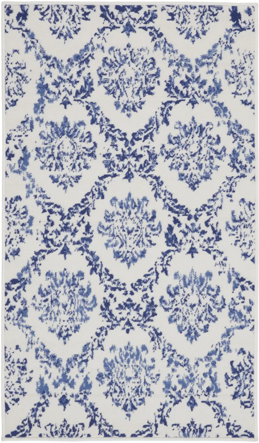 Ivory and Navy Blue Damask Distressed Area Rug Photo 2